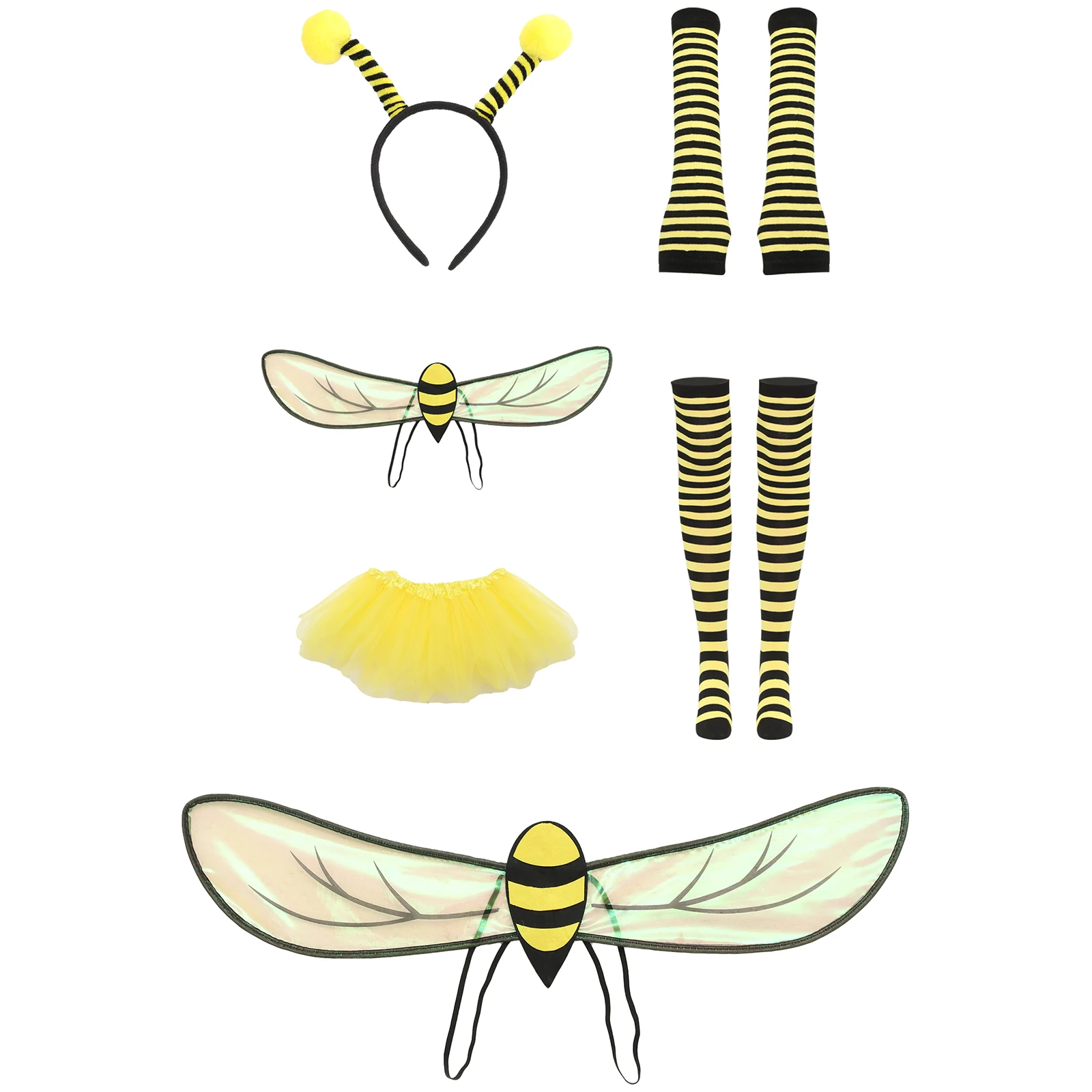 

Bee Cosplay Costume Accessories with Wings Headband Mesh Skirt Stripe Fingerless Gloves Socks Set Halloween Birthday Party Props