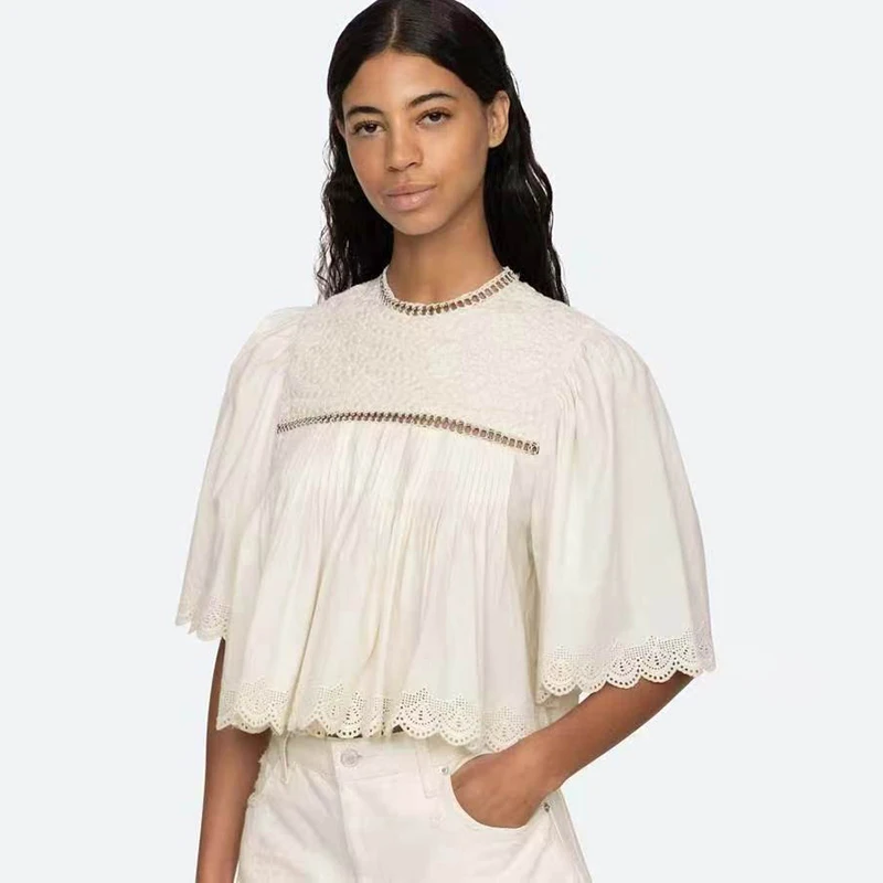 

Summer Fashion Women's Black White Short Loose Short Sleeve round Neck Overhead Shirt Cotton Vintage French Style Top