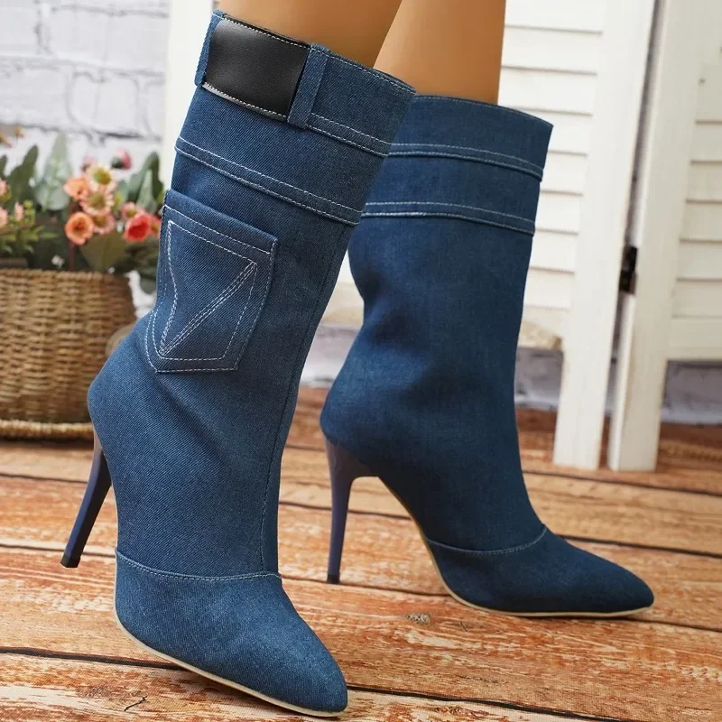 2023 Winter Women\'s Vintage Fashion Style Blue Denim Ankle Boots Thin High Heel Pointed Jeans Short Boots High Heel Shoes