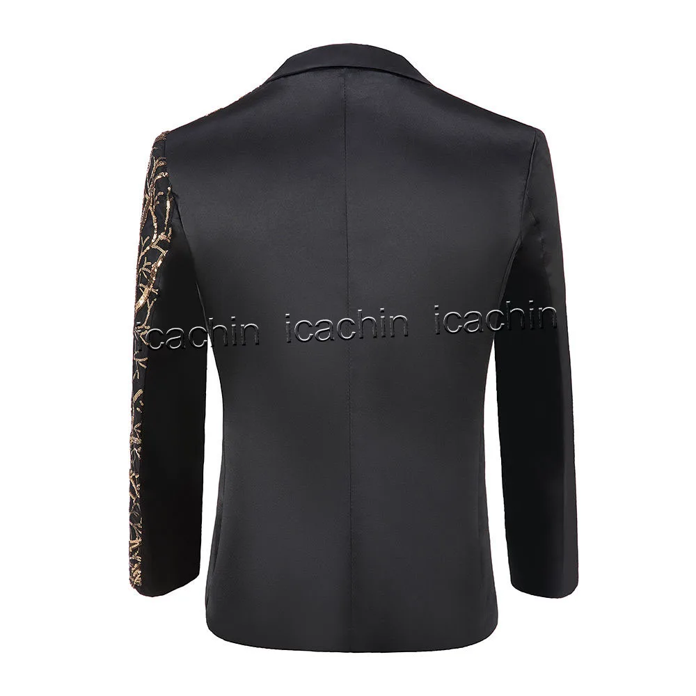 Men Sequin Jacket Glitter Tuxedo Paillette Champagne Sequined Blazer Black and Gold Jacket Performer Outfit Stage Jacket