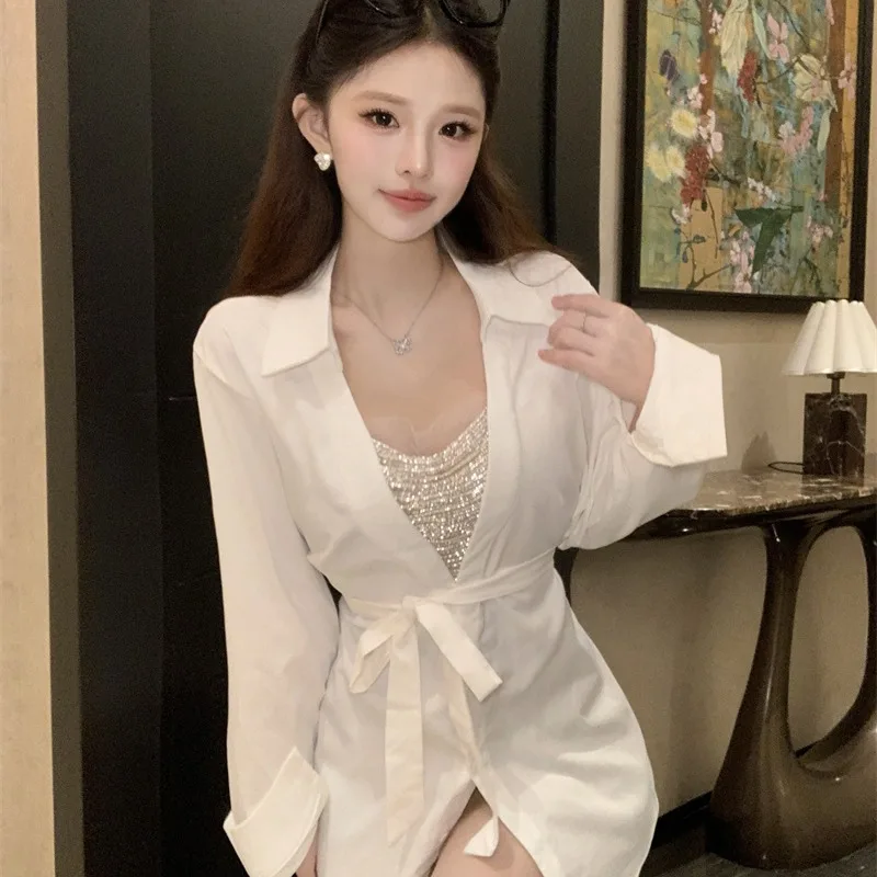 

Sexy Slim Fit irt Collar Design Loose Belted Trendy Breathable Spring 2026 Women's Casual Long Sve V-Ne Top