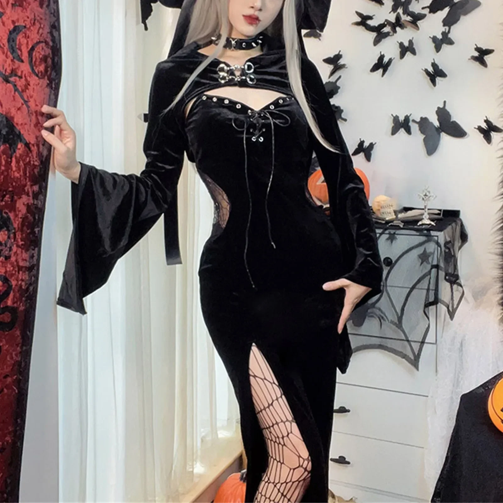 Robe de Sorcière Sexy pour Femme, Costumes de Cosplay Médiéval, Vintage, Capuche, Manches sulf, ixd'Halloween, Tenues Gothiques E-Girls, Proms
