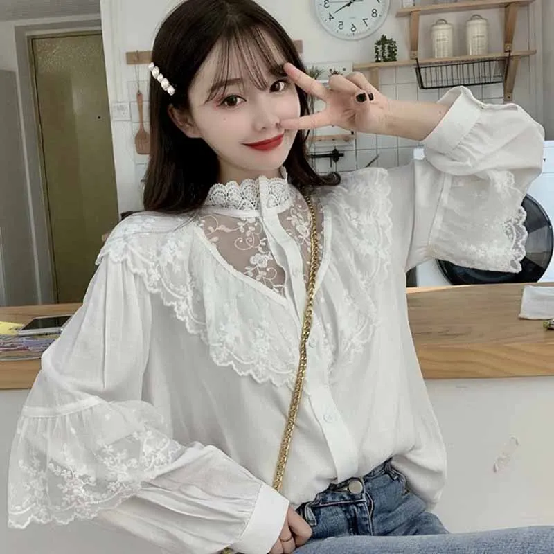 Fashion Ruffled Autumn Lace Up Women Blouses Stand Collar Ladies Tops Vintage Lace Shirts Korean Sweet Loose Clothes Women 11335