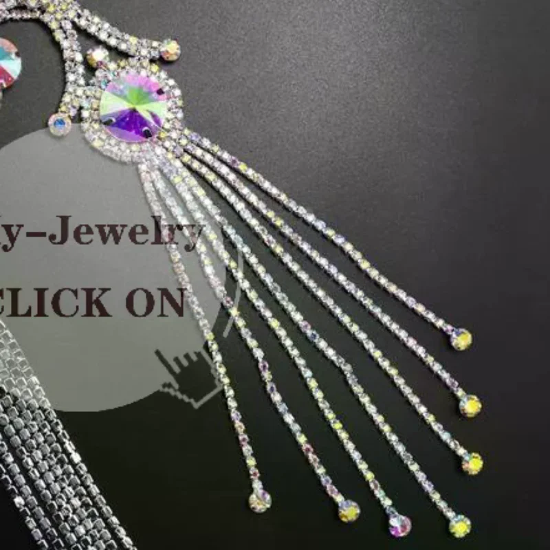 Shiny Rhinestone Fringe Applique Badge Gold Silver Crystal Shoulder Patch for Dance Costume Decoration