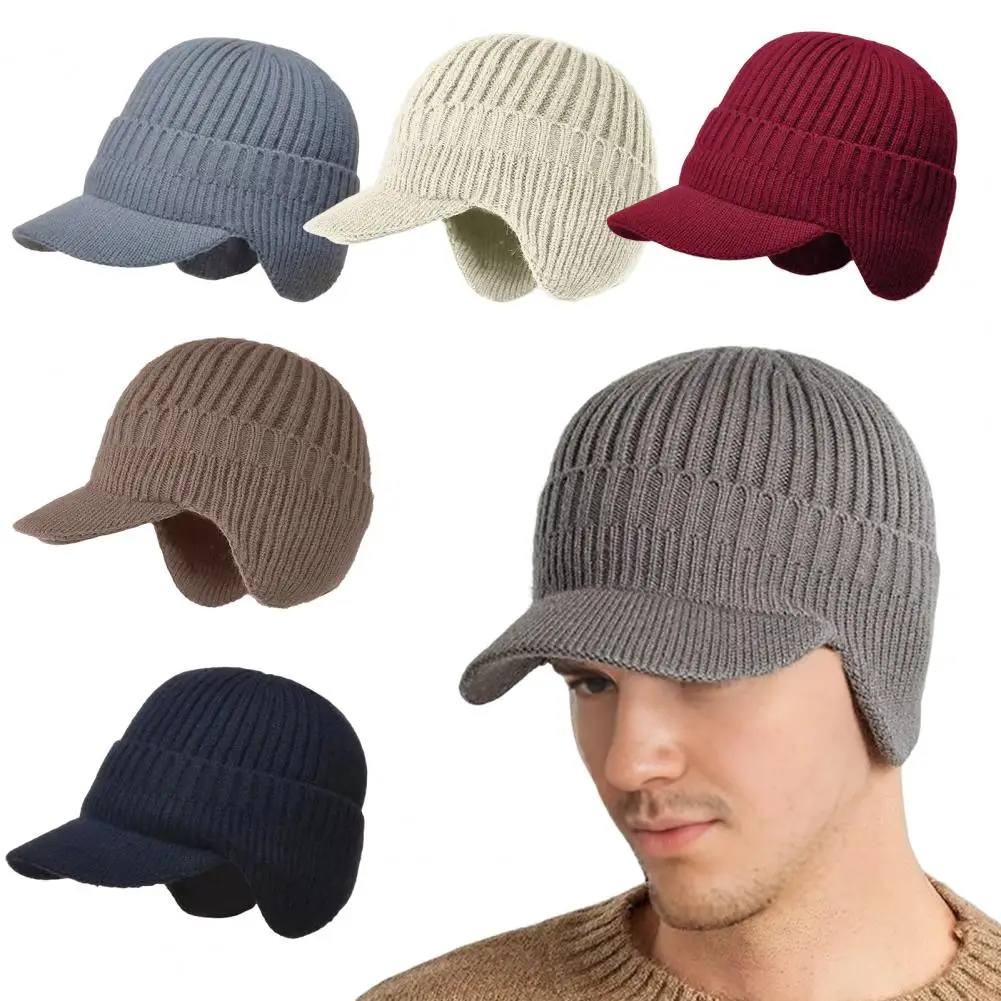 Comfortable Winter Hat Men’s Knitted Winter Hat with Extended Brim Thickened Plush Lining Ear Protection Weather Cap Solid