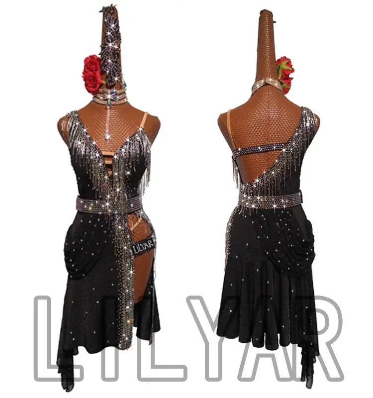 

Новое платье для соревнований по латинским танцам, платье для выступлений для детей и взрослых, черное платье с открытой спиной и бисером для динамических танцев