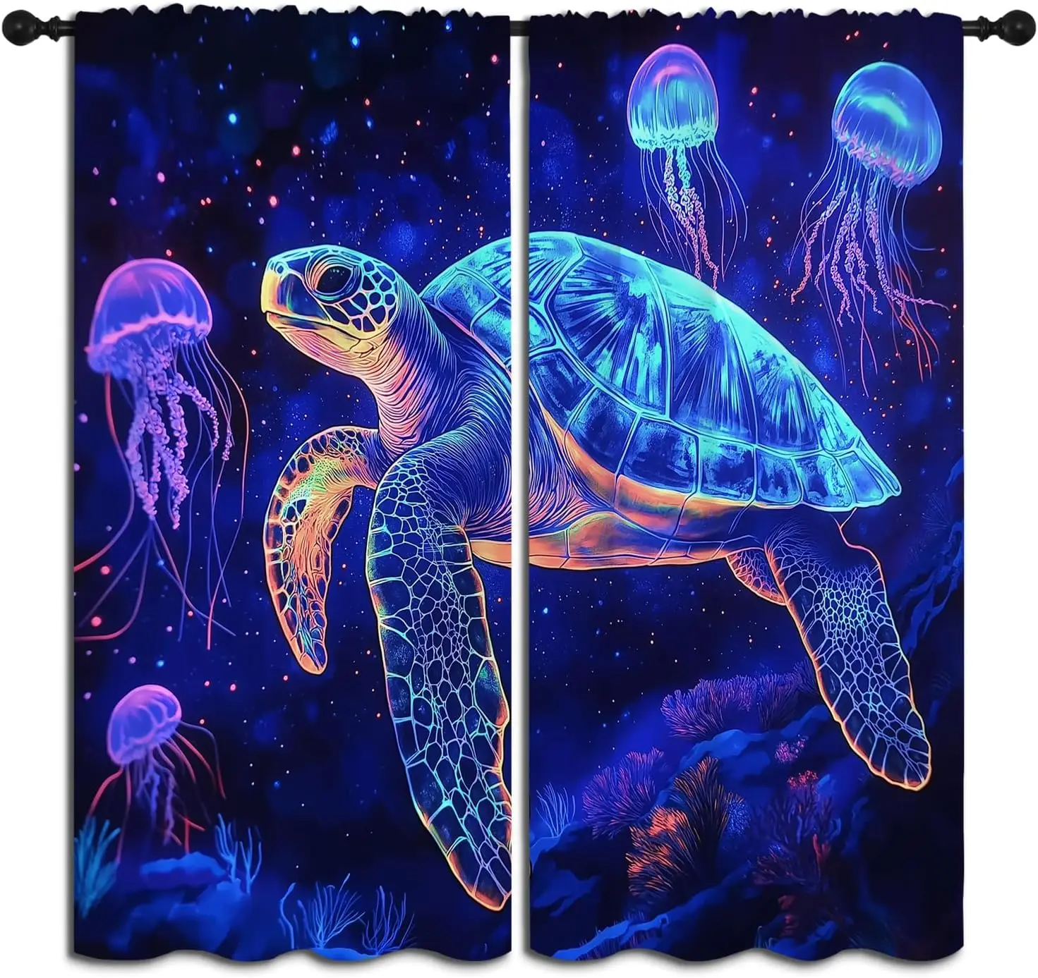 Ocean Animal Boy Girls Blackout Curtains,Starry Sky Sea Turtle Underwater World Cartoon Magic Jellyfish, 2 Panel Rod Pocket