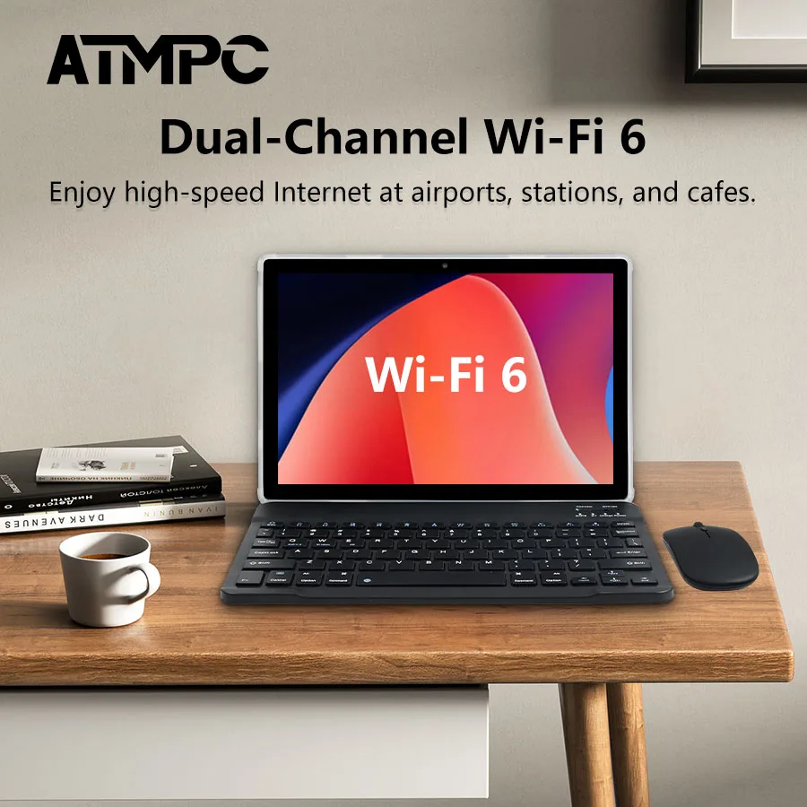 ATMPC 10,1 pouces Android 14 Pad, 12(4 + 8) Go de RAM + 128 Go de ROM, 5 GHz WIFI 6, BT 5.4, 6000 mAh, écran IPS, Octa-Core, PC de table 2 en 1
