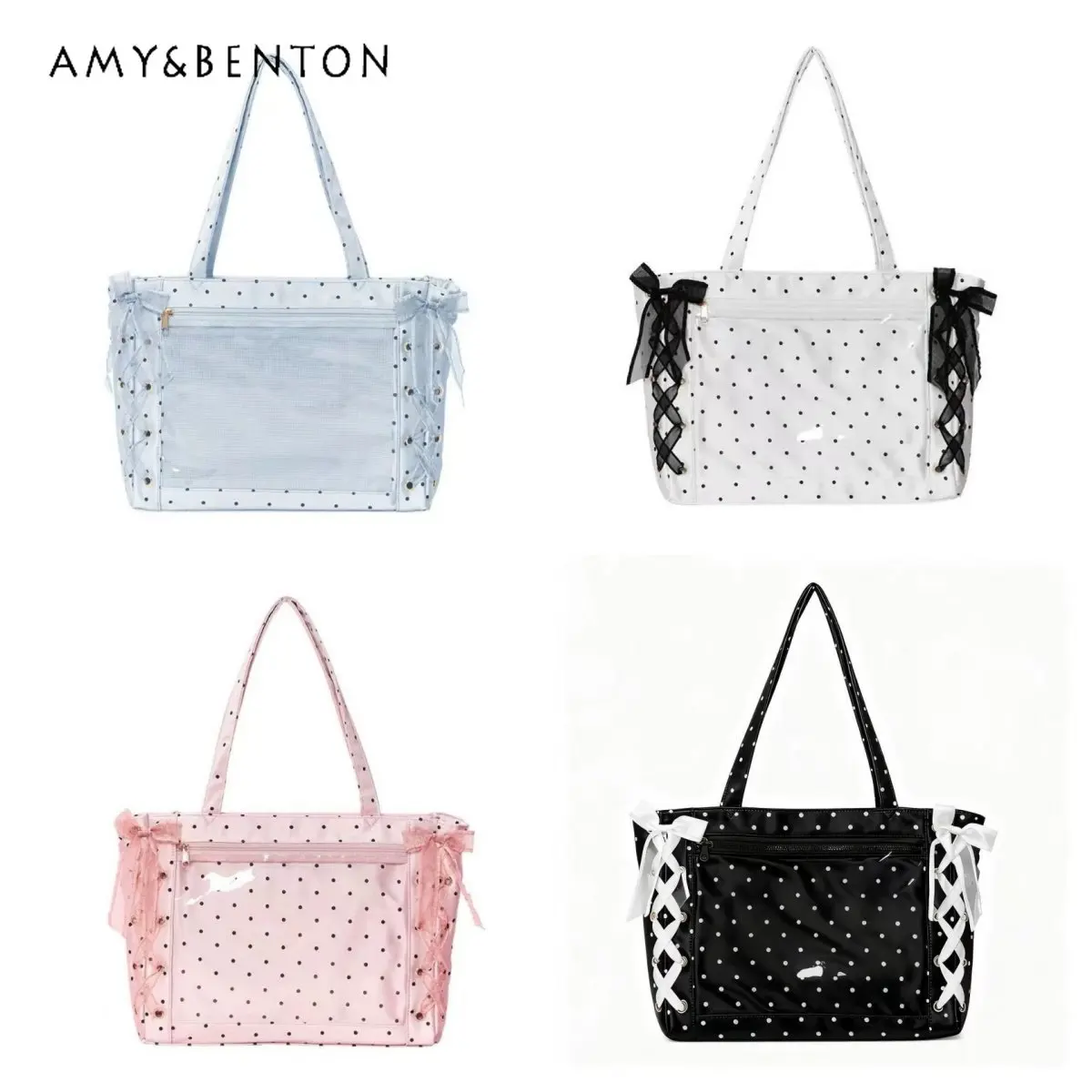 

Japanese College Style Ribbon Tie Polka Dot Itabag Women's Handbag Casual Large Capacity Anime Satin Sweet Cute Shoulder Bag