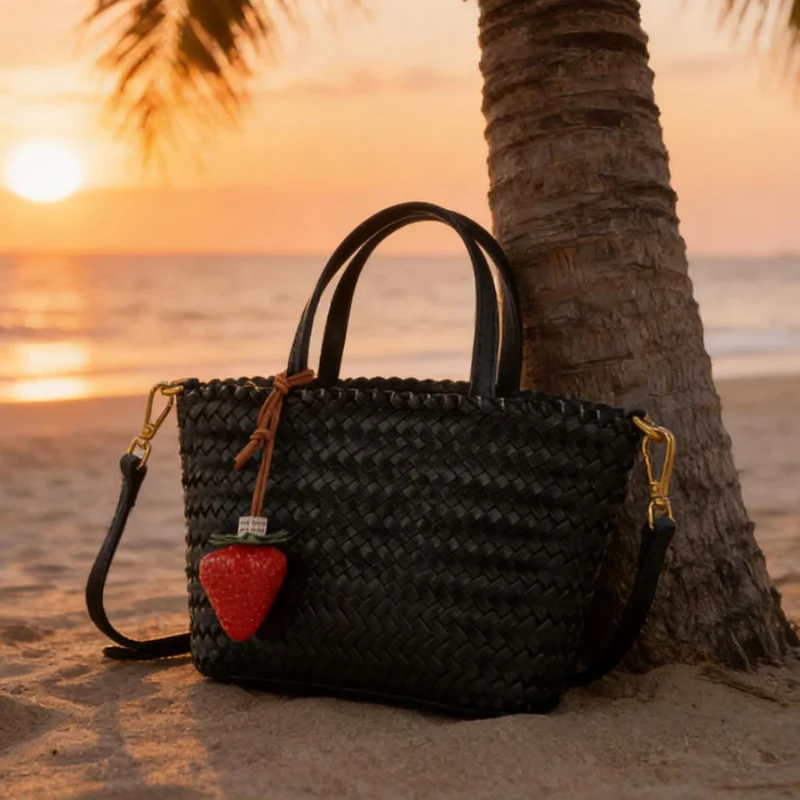 

Shopping Travel Woven Shoulder Bag Fashionable Handbag Square Solid Color Zipper Cross Body Bag Strawberry Pendant Versatile Bag