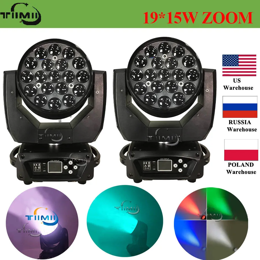 

2 шт. светодиодный 19x15 Вт RGBW луч мытья зум движущаяся головка DJ сценическое оборудование концертные продукты профессионалы свадьба