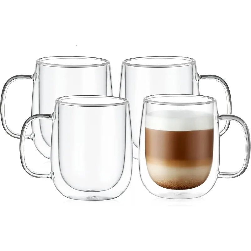 Large Double Wall Glass Coffee Mug 15.2oz,Clear Insulated Glass Espresso Cup with Big Handle,Clear Glass Espresso Mugs f