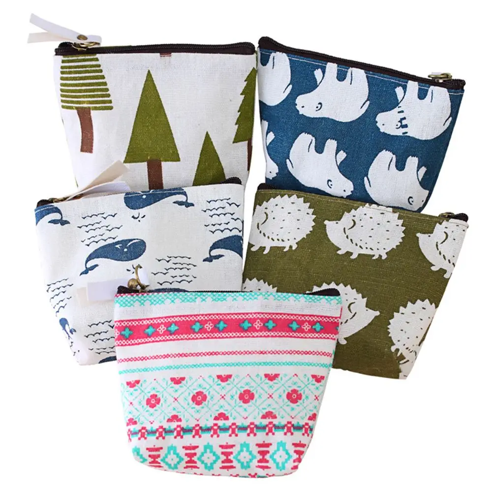 

Pastoral Floral Earphone Case Card Holder Small Zipper Wallet Travel Makeup Bag Canvas Coin Purse Cartoon Animal Pattern