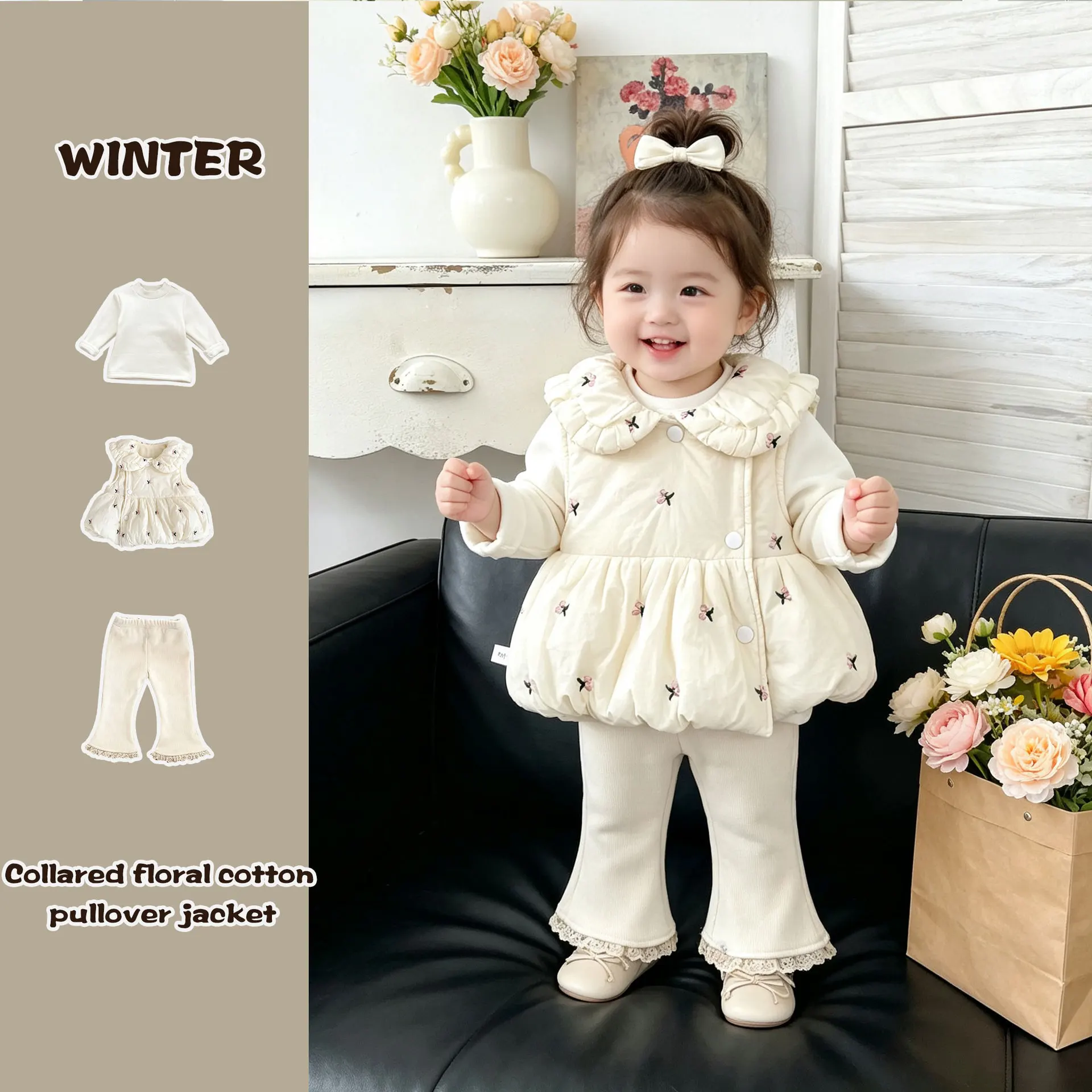 2026 New Winter Girls Thick Vest 3Pcs Set | Embroidered Fleece-Lined Outfit | Chic Warm Going Out Clothes