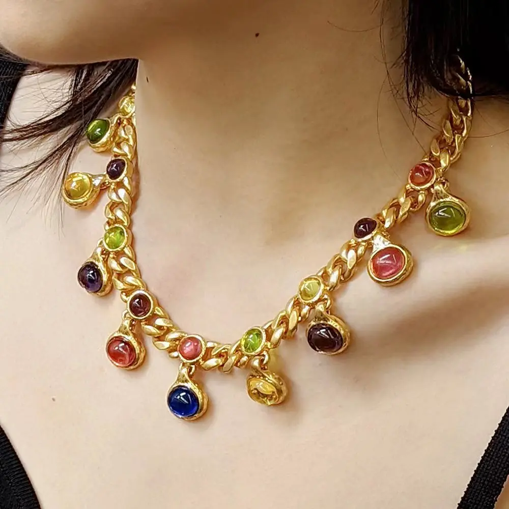 

New European and American Women Vintage Court Style Color Jelly Glass Gold Short Fashion Collarbone Chain Necklace