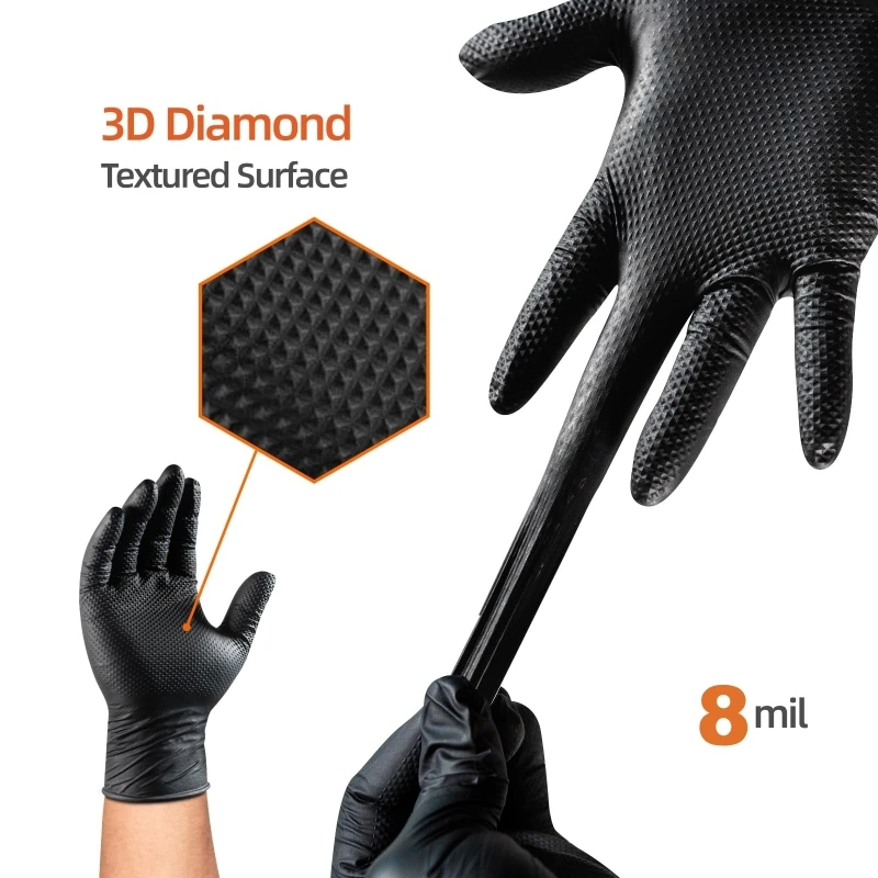 8Mil Heavy Duty Black Nitrile Gloves Disposable Diamond Textured Safety Work Gloves Industrial Mechanic Auto Gardening Gloves