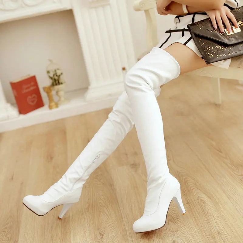 Small Size 31 32 33 Plain White Black Long Overknees Mature Spike High Heels Winter Warm Shoes Over-the-knee Thigh Boots Size 46