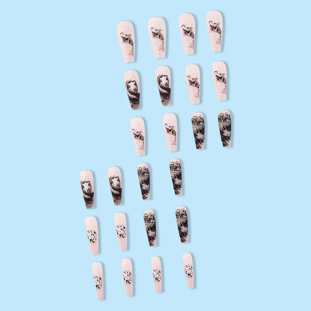 24 قطعة من أظافر الضغط مع موجة، سمكة كوي، وجه فتاة ووودل أسود على قاعدة بيضاء، شكل نعش طويل، مقاسات متنوعة #4