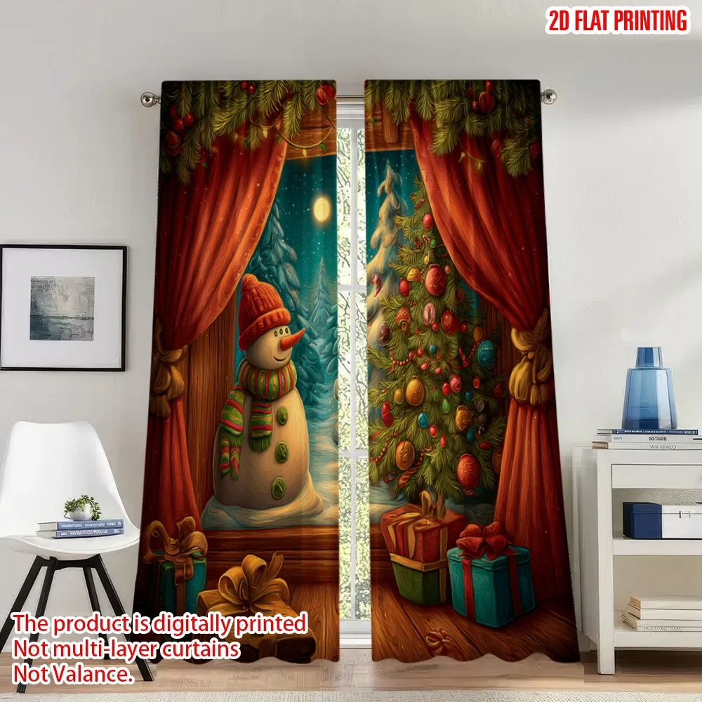 

2pcs 2D flat printing Fashionable Christmas Curtains Christmas Snowman Tree Gifts_j Digital Printed Polyester Drapes Family