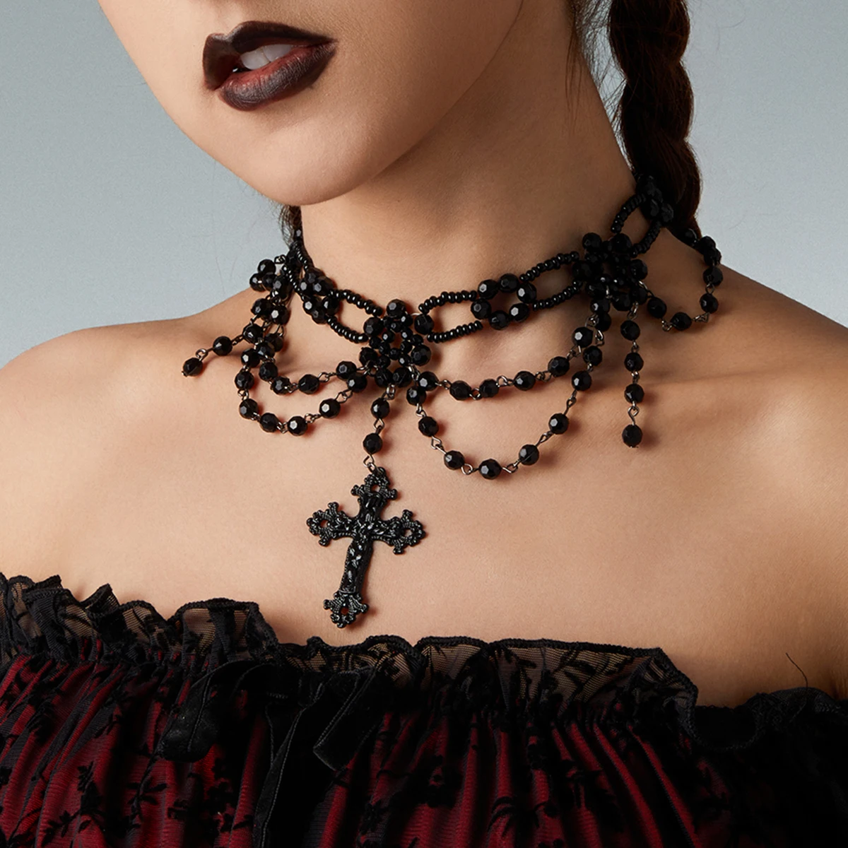 SHIXIN Gothic Multilayer Black Crystal Beads Chain Choker Necklace Women Vintage Big Cross Pendant Necklace Halloween Jewelry