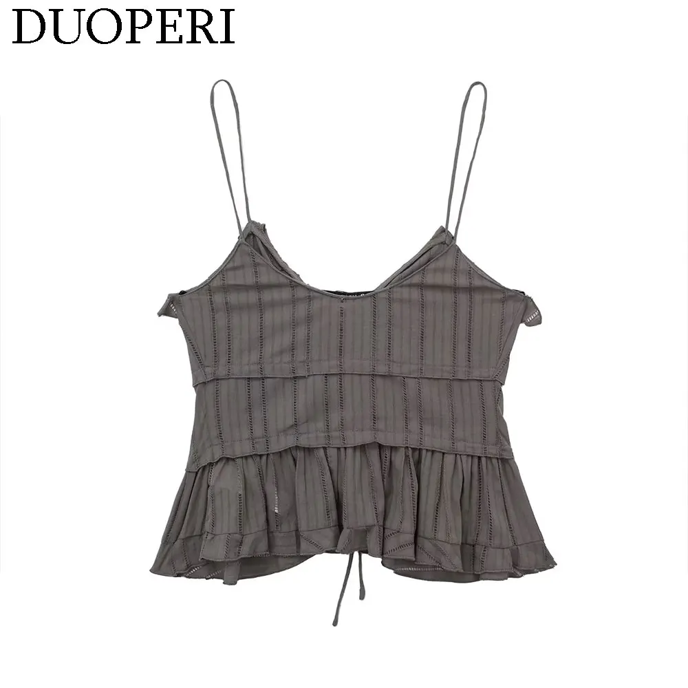 DUOPERI Women Fashion Cotton Grey Ruffled Cropped Tops Camisole Thin Straps V-Neck Female Chic Lady Casual Crop Top Tank