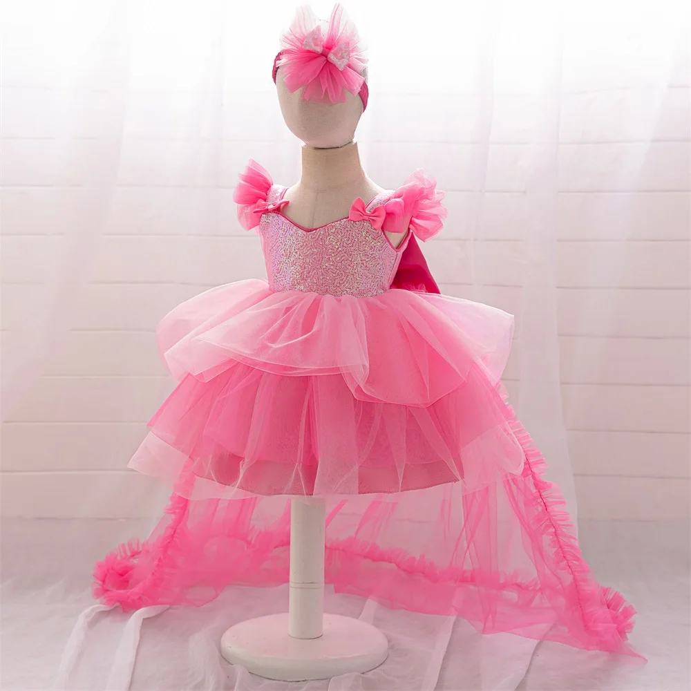 Baby Girl Dress Pageant Trailing 1 Year Birthday Dress For Rose Sequin Princess Dress Baptism Girls Dress Fluffy Party Clothing