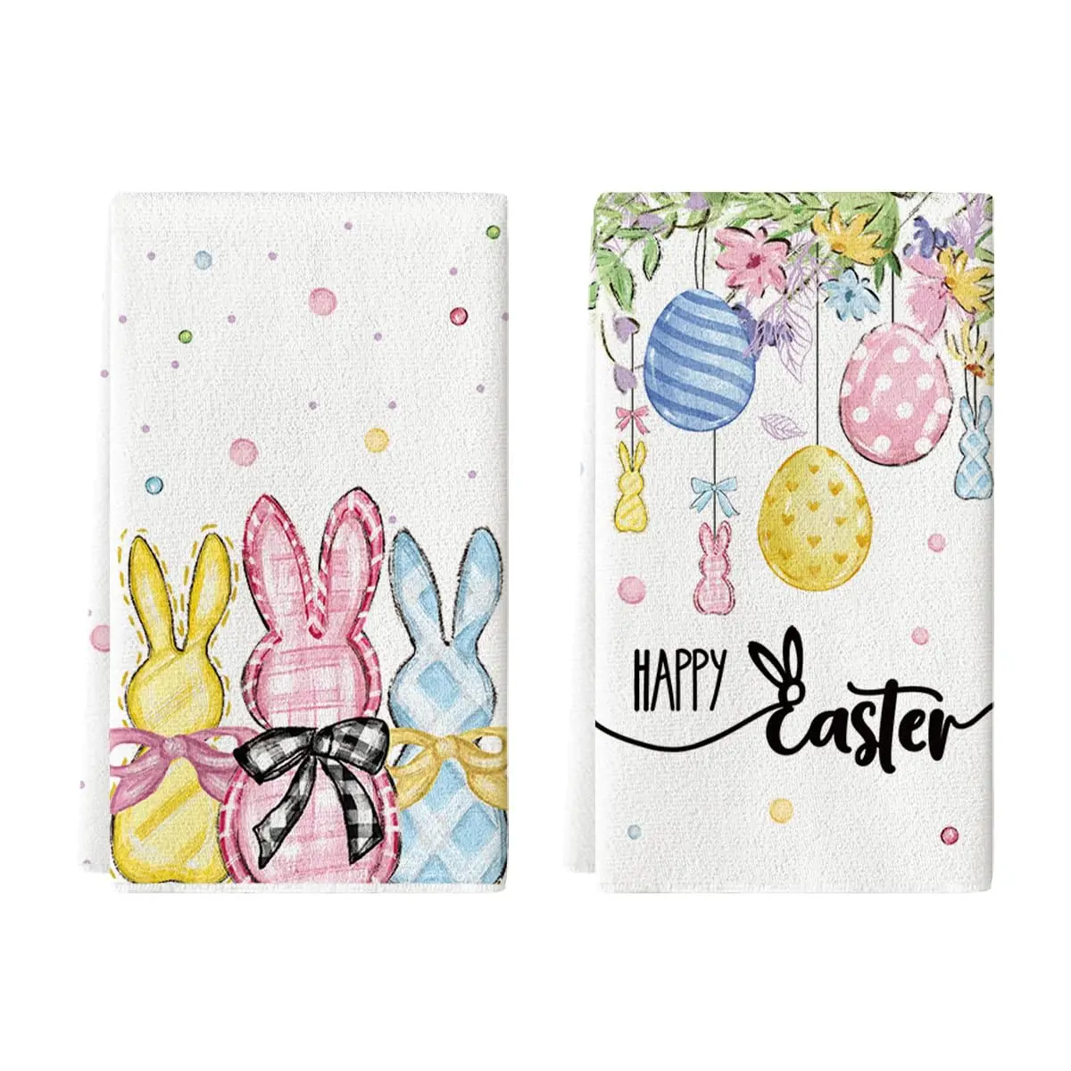 2 Pcs Happy Easter Hand Towels - Beige Bunny Eggs Bow Flowers, Spring Farmhouse Decor