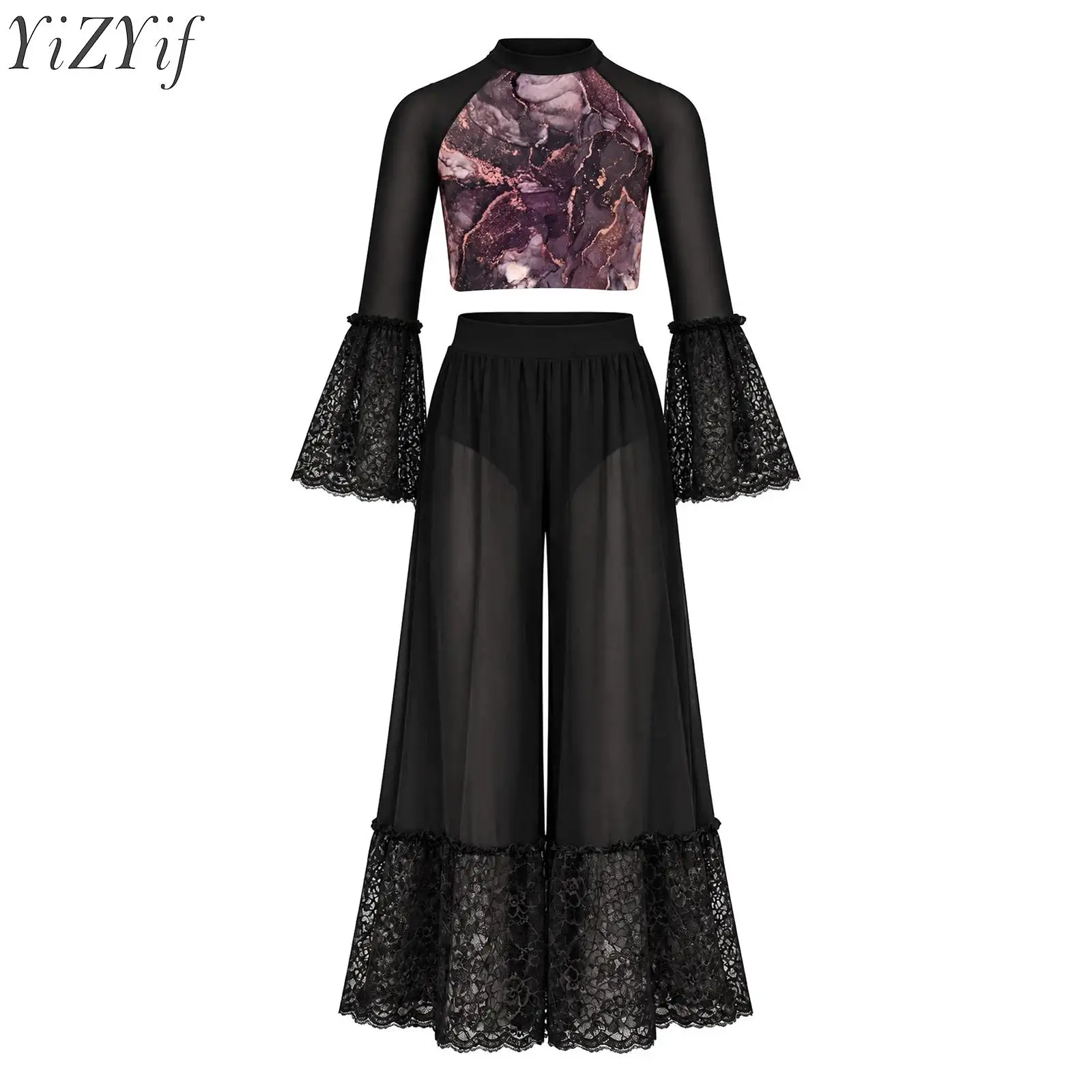 Kids Girls Ballet Lyrical Dance Outfit Modern Latin Suit Flared Sleeve Printed Crop Top with Wide-leg Pants for Dance Stage Show