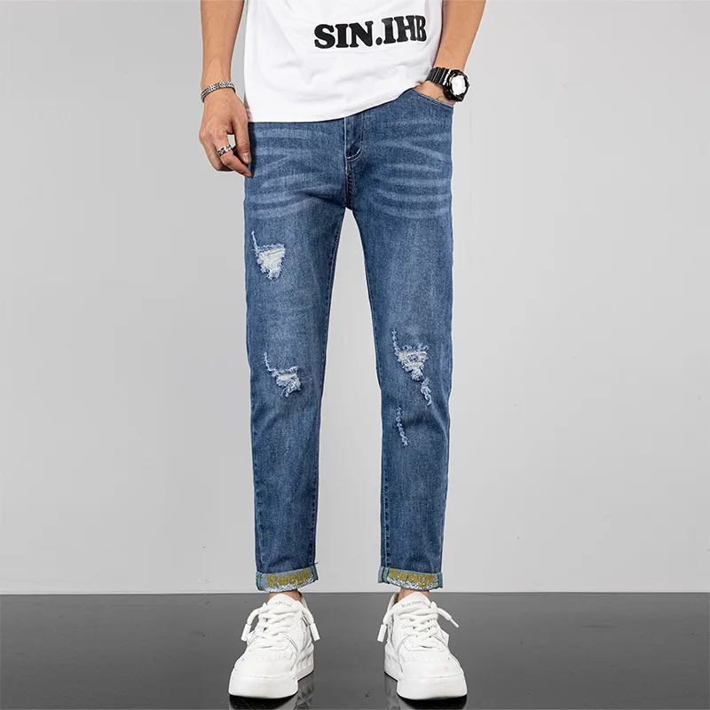 

Cowboy Pants Man Tapered Jeans Ripped Jeans Trousers Jeans four season 2024 Fashion Trend Korean9-point eans Trouser Hem Print