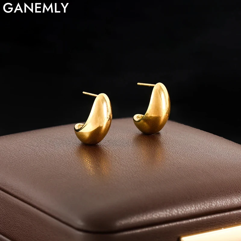 GANEMLY 316L Stainless Steel Gold Color Small Stud Earrings For Women Fashion New Gift Ear Dangle Waterproof Jewelry Gift Серьги