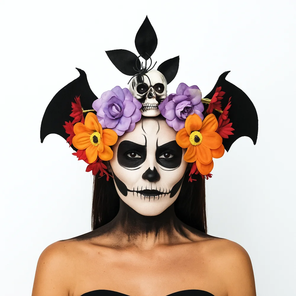 

Dark Skull Head Headband Simulation Flowers Bat Halloween Skull Headband Headdress Gothic Day of The Dead Headband Cosplay