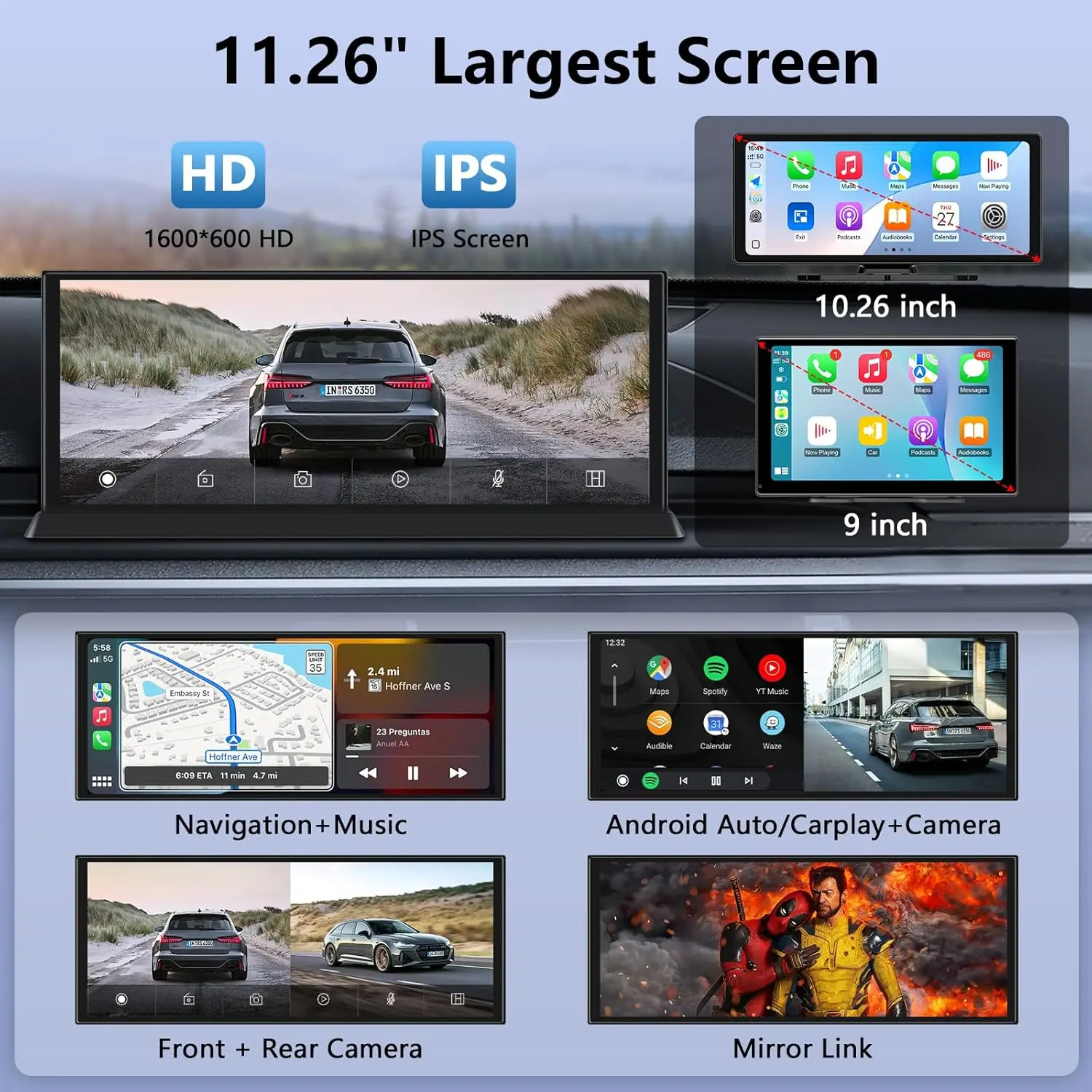 Dash Cam doppia fotocamera 4K da 11,26 pollici Navigazione GPS in tempo reale Controllo vocale Compatibilità wireless CarPlay Android Auto per