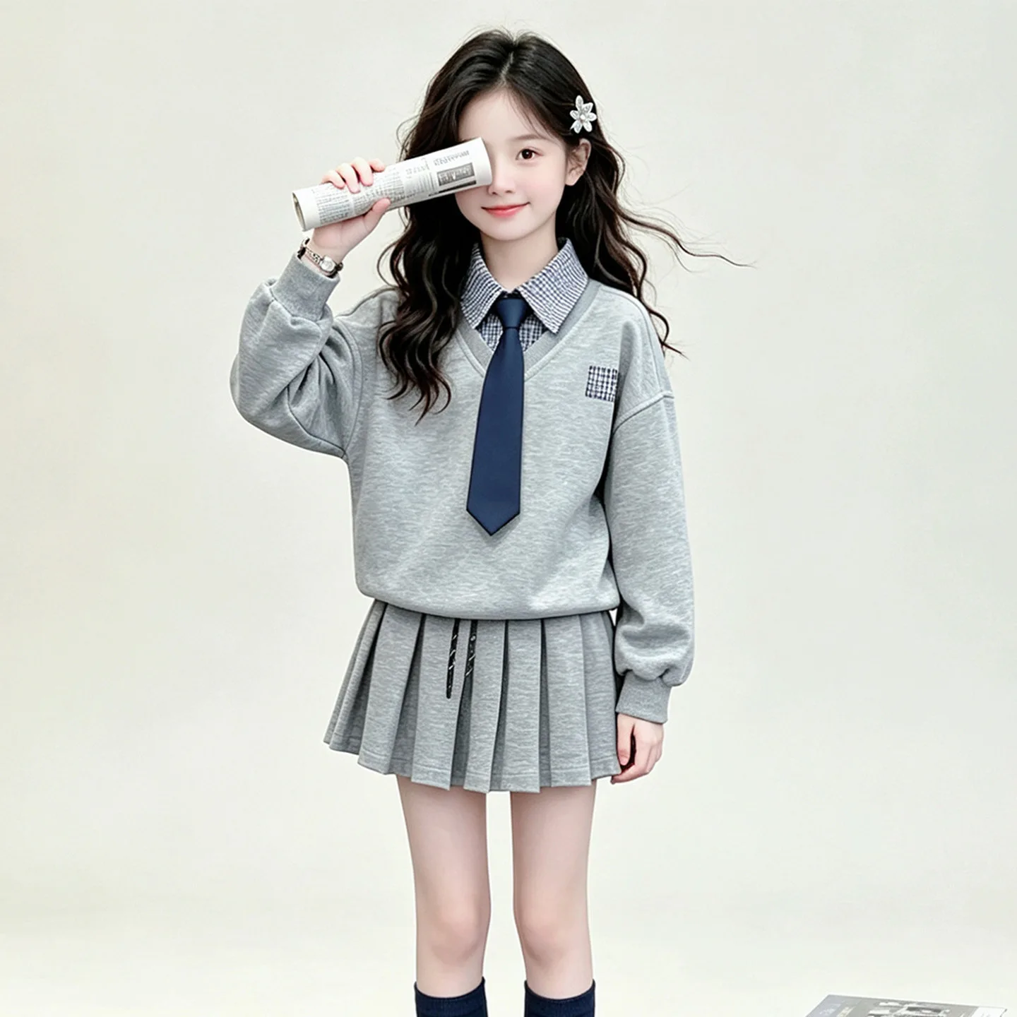 2026 Girls Autumn Winter Teenager Cloth Suit Child Set Hooded Plaid Lapel Collar Top + Pleated Skirt School JK 4 10 12 14 Year
