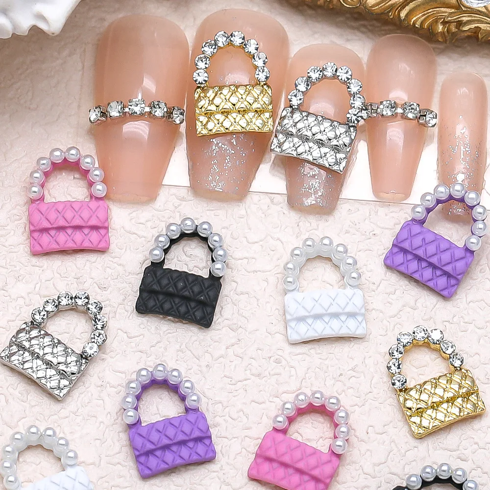 

10pcs French Macaroon Bag Nail Art Charm 3D Metal Alloy Diamond Pearl Bag Nail Decoration DIY Luxury Y2K Manicure Accessories