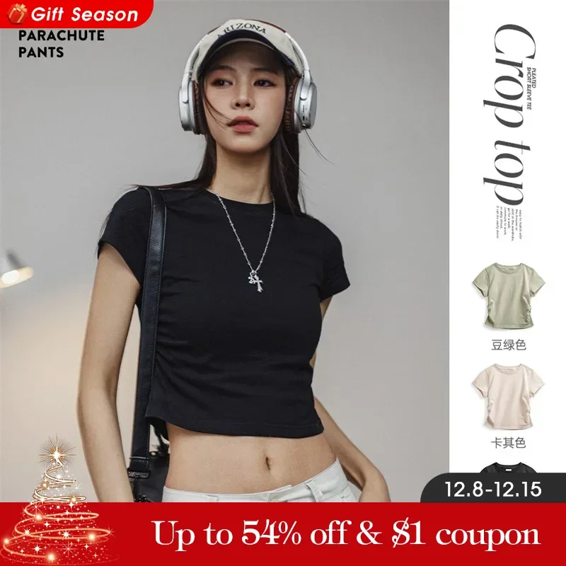 Maden 2024 Summer Cotton O-Neck T-Shirt for Women Solid Color Basic High Waist Slim Top Short T-Shirt Female Black Crop Top Tees