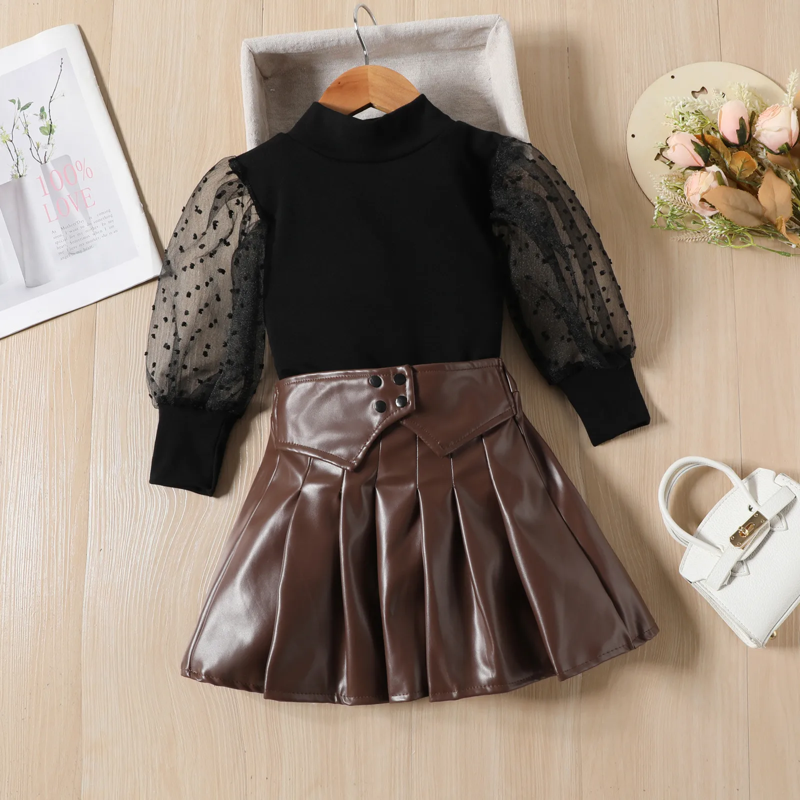 Autumn Kids Girls 2pcs Fashion Clothes Sets 1 2 3 4 5 6Y Mesh Long Puff Sleeve Turtleneck Tops+PU Leather Pleated Skirts Suits