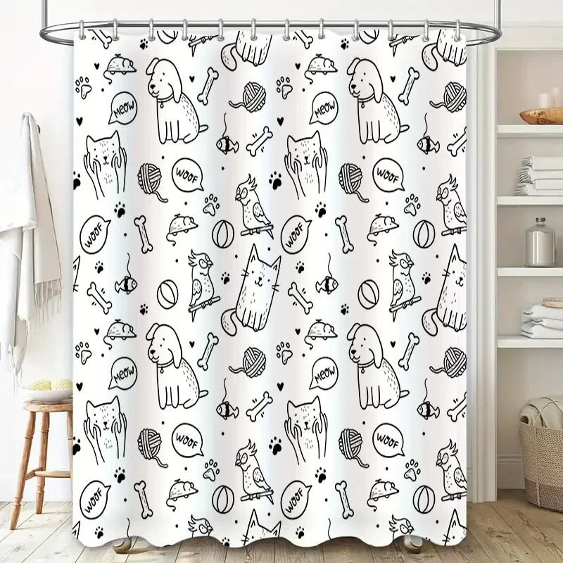 مجموعة ستائر الدش المطبوعة على شكل حيوانات باللون الأسود والأبيض على شكل كلب قطة ديكور الحمام لمستلزمات إعادة تشكيل المطبخ المنزلي سهلة التركيب وات #2