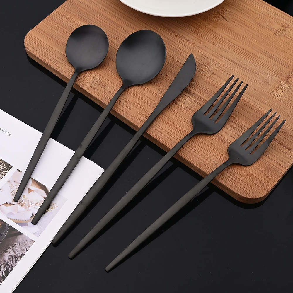 6Pcs Black Matte Flatware Cutlery Set Stainless Steel Dinnerware Set Dessert Fork Spoon Silverware Set Kitchen Party Tableware