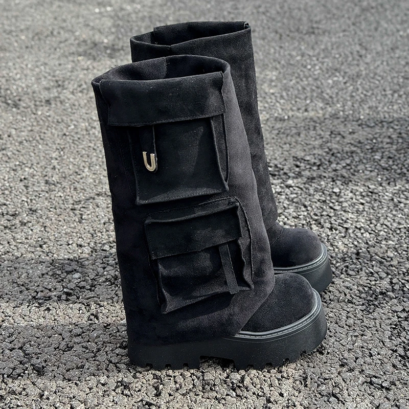 شتاء جديد 2025 خريف موضة الأحذية منصة متعددة الاستخدامات زيادة خمر بنطلون كعب أحذية النساء