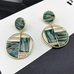 Advanced Sense Earrings For Women Elegant Temperament Metal Green Grain Hollow Irregular Geometric Circle Long Hanging Earrings