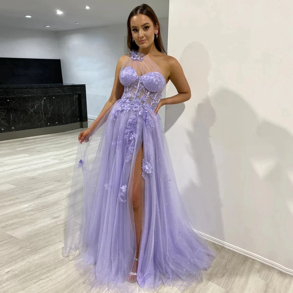 Lavender Tulle Formal Evening Dresses One Shoulder Floral Exposed Boning Charming Prom Party Gowns Robes De Soirée 2023