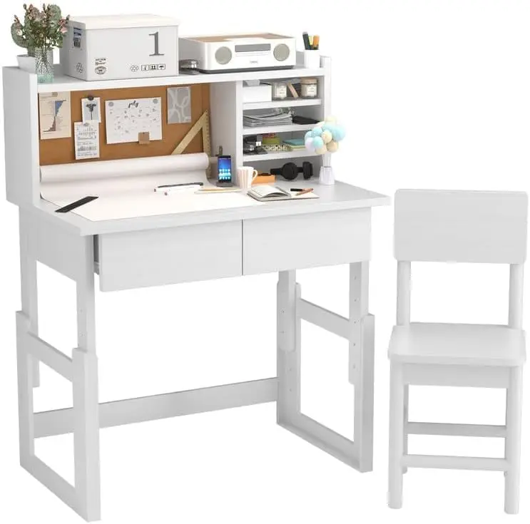 White Kids Desk And Chair Set For 5-18 Year Old,Ergonomic Height Adjustable Childrens Study Desk With 2 Drawers,Kids Art Table