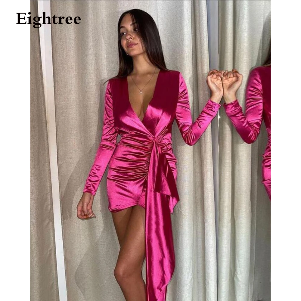 

Eightree 2022 Blue Full Sleeves Evening Dresses Satin V Neck Prom Dress Short Custom Made Mini Formal Party Gown Hot Sell