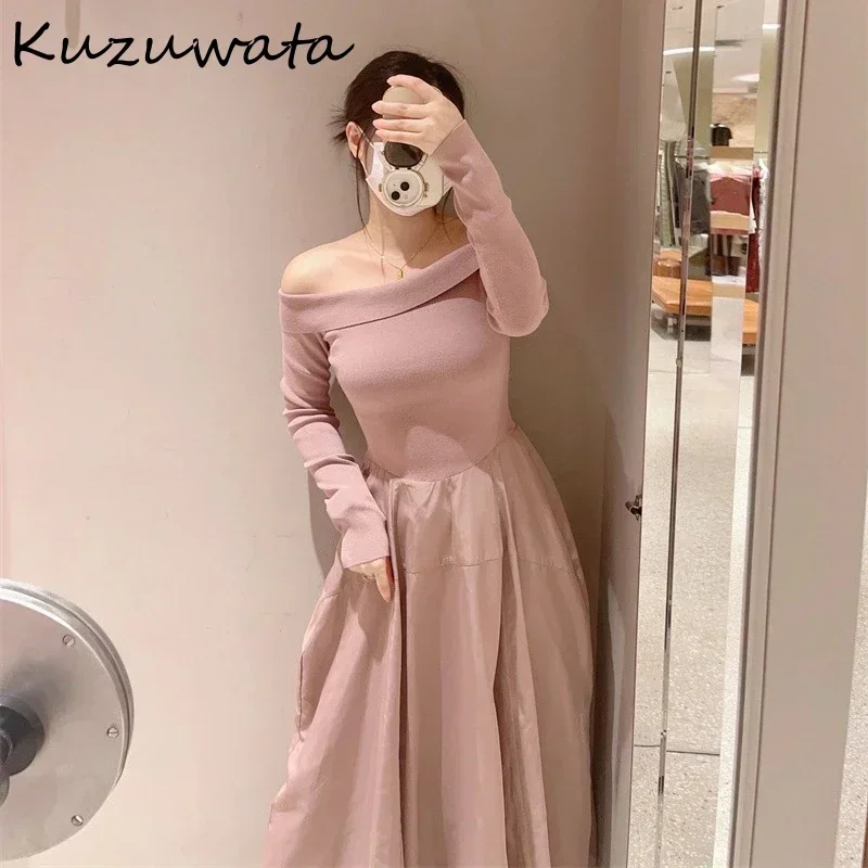 Kuzuwata Slash Neck Long Sleeve Sweet Dress Elegant Slim Fit Patchwork Zip Pullover Vestidos Japan Knit Ball Gown Femme Robe