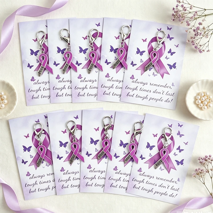 5 Pieces/10 Pieces Purple Ribbon Keychains, Breast Cancer Awareness Fashion Keychains for Encouragement, Suitable for Women's Ribbon Gifts, Backpack Decoration, Office Decoration, and Charity Events.