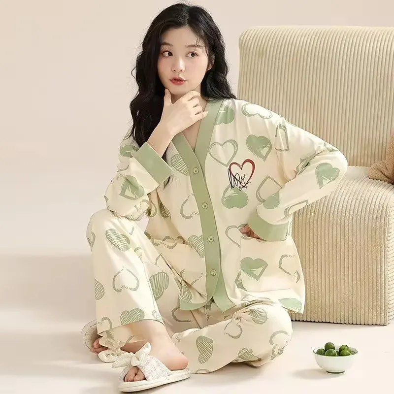 女性用コットンパジャマ,着物スタイル,カーディガン,ナイトウェア,ラージサイズ,ロングパジャマ,韓国,秋,春,M-2XL