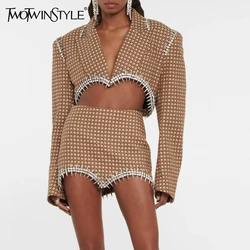 TWOTWINSTYLE Solid Two Piece Set For Women Notched Collar Long Sleeve Spliced Diamond Blazer High Waist Skirt Casual Set Female