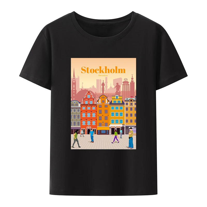 Anime Style Stockholm Sweden Tourism Commemoration T-shirt  Men Summer Clothing Cool O-neck Tees Unisex Casual Loose Tops