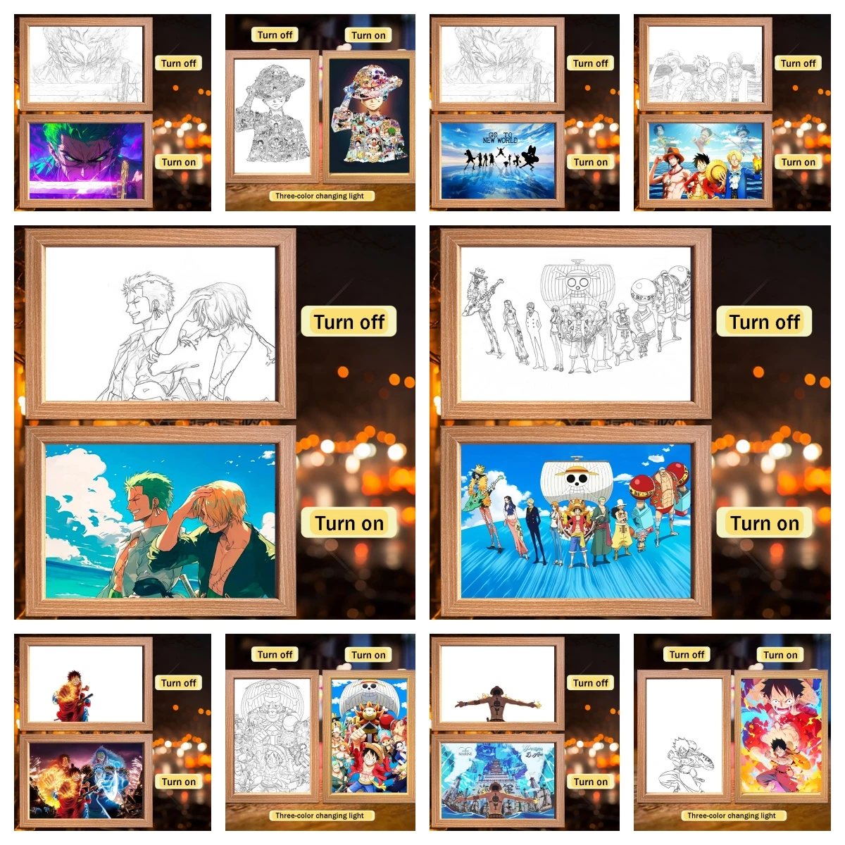 Anime Character One Piece Luffy Zorro Animated Frame LED Light Study Bedroom Christmas Birthday Gift