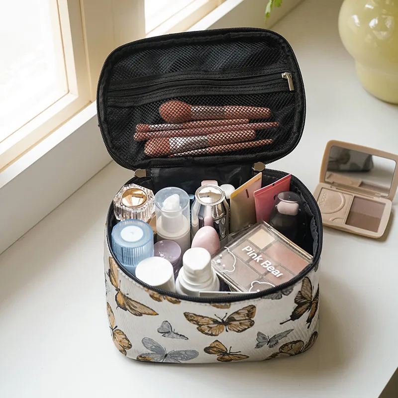 Butterfly Embroidered Handheld Makeup Bag for Women Fashion Large Capacity Travel Toilet Bags Simple Cosmetic Handbags